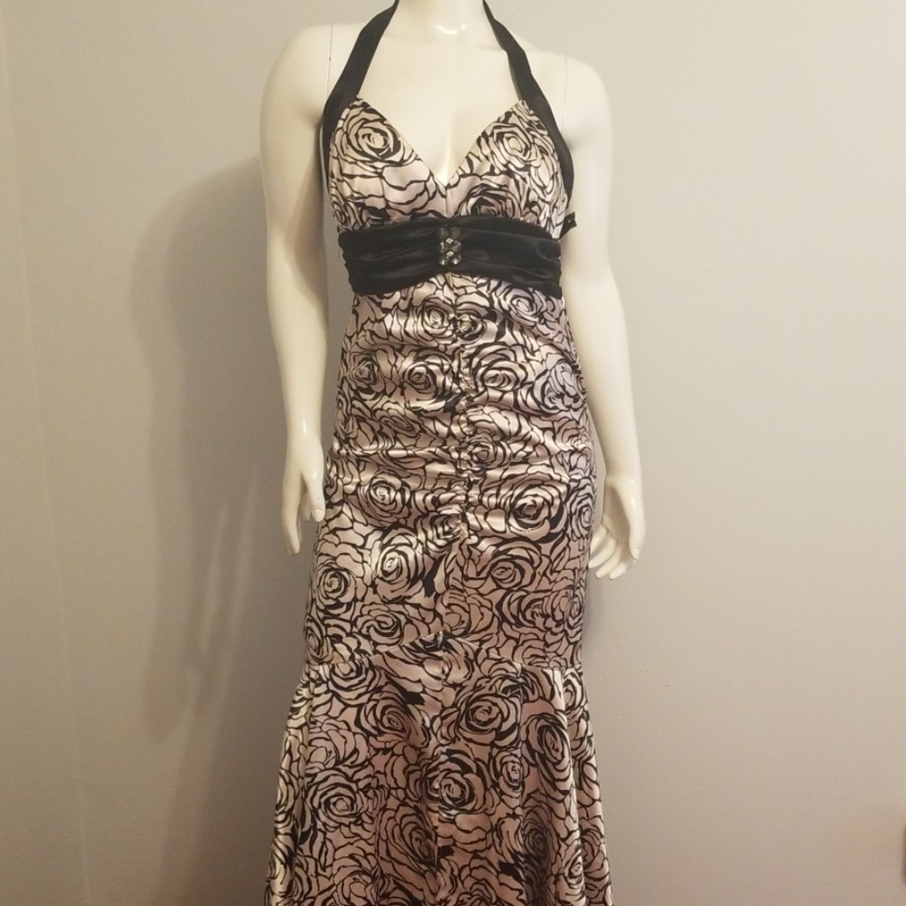 Champagne Pink Black Floral  Long Gown Size 11/12